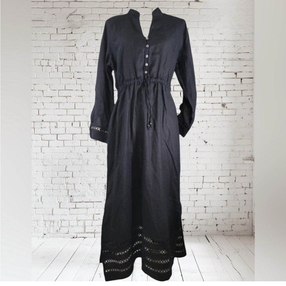 Tahari 100% Linen Elegant Black Midi Dress with Drawstring Empire Waist